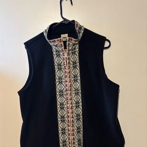 L.L.Bean Fleece Vest Womens XL Black Nordic Fair Isle Full Zip Pockets Snowflake